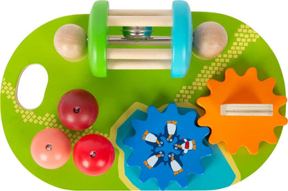 Small Foot Wooden Theme Park Motor Activity Board, Brightly Coloured, incl. Gears and Rotating Rattle w/Bell, 12289, Multicolored