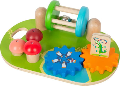 Small Foot Wooden Theme Park Motor Activity Board, Brightly Coloured, incl. Gears and Rotating Rattle w/Bell, 12289, Multicolored