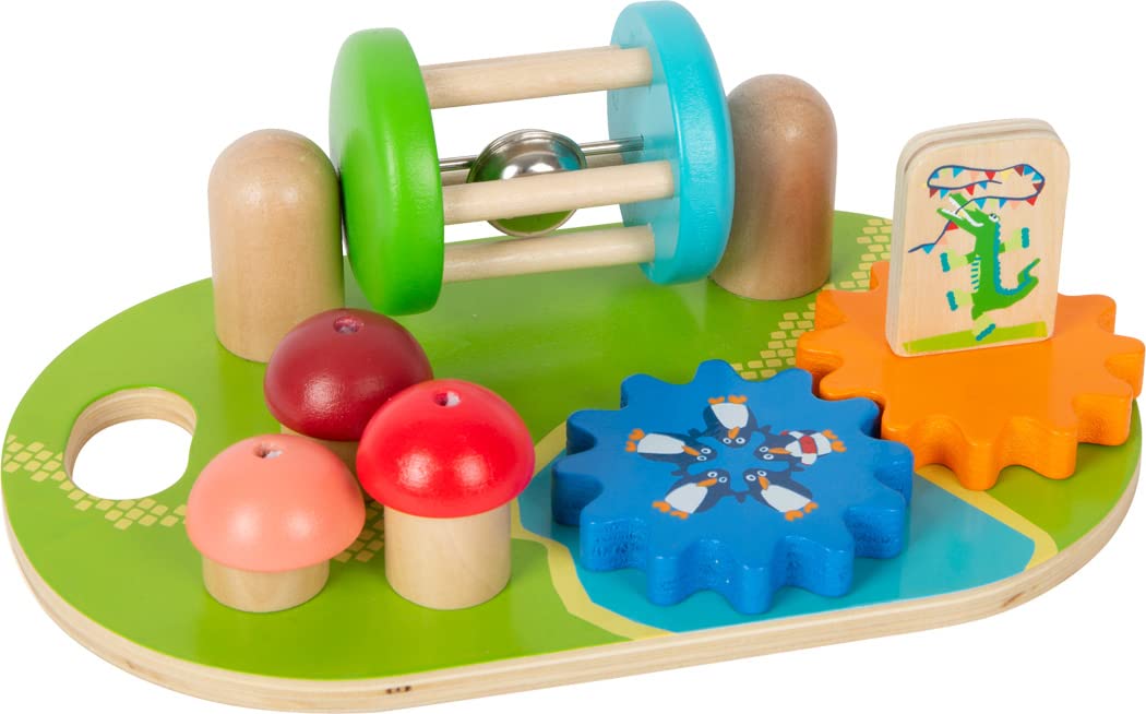 Small Foot Wooden Theme Park Motor Activity Board, Brightly Coloured, incl. Gears and Rotating Rattle w/Bell, 12289, Multicolored