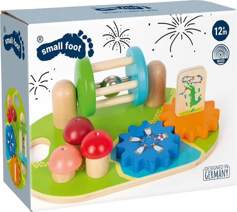 Small Foot Wooden Theme Park Motor Activity Board, Brightly Coloured, incl. Gears and Rotating Rattle w/Bell, 12289, Multicolored
