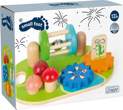 Small Foot Wooden Theme Park Motor Activity Board, Brightly Coloured, incl. Gears and Rotating Rattle w/Bell, 12289, Multicolored