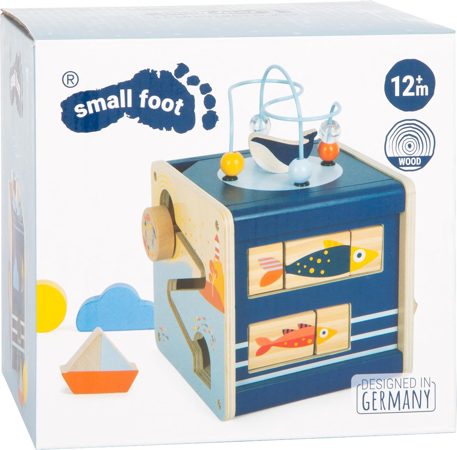 small foot Big Ocean Activity Cube Made of Wood, Maritime Motor Toy for Toddlers Aged 12+ Months, 12312, Multicolor