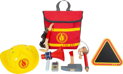 small Foot Feuerwehrrucksack mit Zubehör, Feuerwehr-Spielzeug aus Holz fürs Rollenspiel, für Kinder ab 3 Jahren, 12361