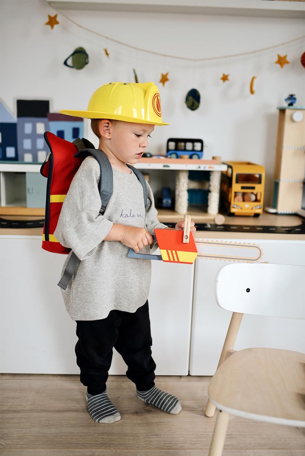 small foot Chainsaw made of wood, role play toy on the theme of fire department, with sound, for children aged 3+ years, 12362