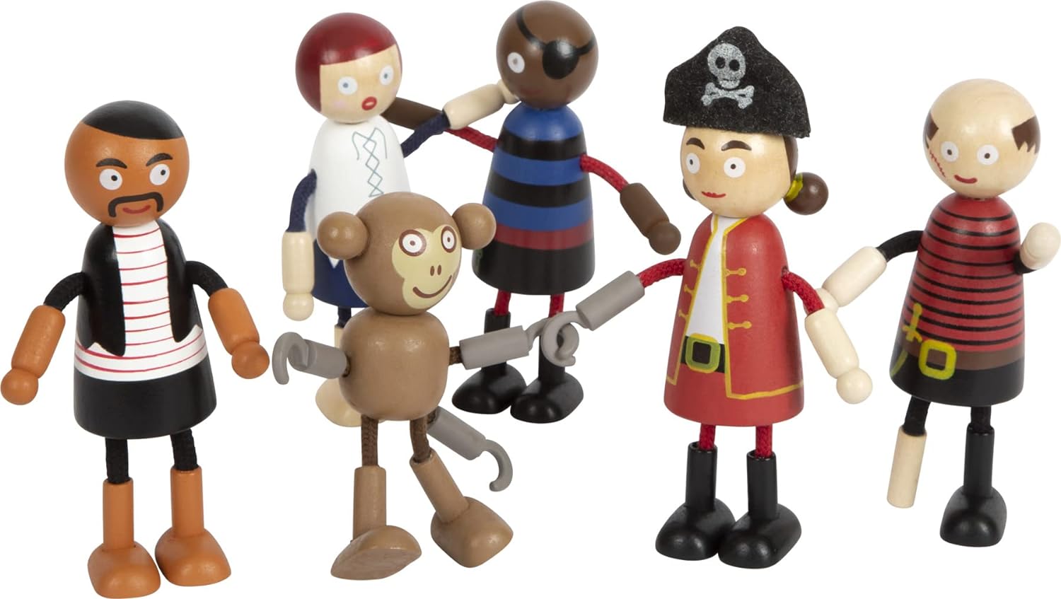small foot Wooden Bending Dolls, 5 Pirates and 1 Monkey, richly Detailed and Flexible, Ages 3+ Years, 12412 Toys