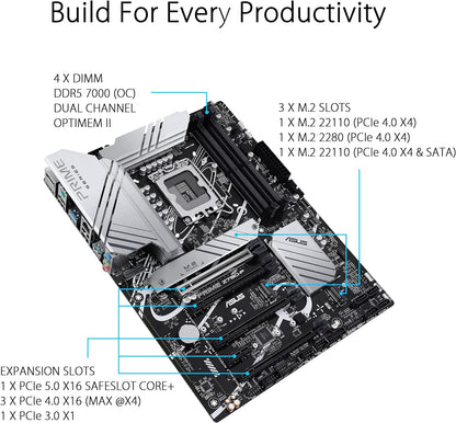 ASUS Prime Z790-P, an Intel Z790 LGA 1700 ATX motherboard with PCIe 5.0, three M.2 slots, 14+1 DrMOS, DDR5, Realtek 2.5 Gb LAN, HDMI, DP, USB 3.2 Gen 2x2 Type-C, front USB 3.2 Gen 2 Type-C