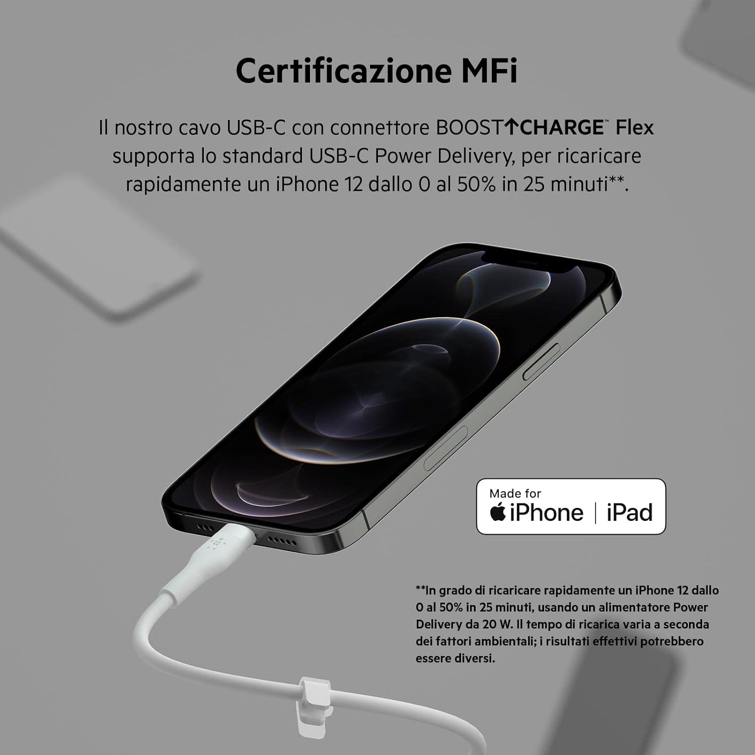 Belkin BoostCharge Flex Silicone USB Type C to Lightning Cable (2M/6.6ft), MFi Certified 20W Fast Charging PD Power Delivery for iPhone 14/14 Plus, 13, 12, Pro, Max, Mini, SE, iPad and More