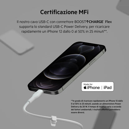 Belkin BoostCharge Flex Silicone USB Type C to Lightning Cable (2M/6.6ft), MFi Certified 20W Fast Charging PD Power Delivery for iPhone 14/14 Plus, 13, 12, Pro, Max, Mini, SE, iPad and More