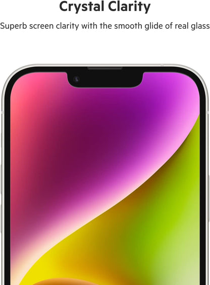 Belkin UltraGlass iPhone 14, iPhone 13 and 13 Pro Screen Protector, AntiMicrobial-Treated, Easy Bubble Free Application with Included Installation Guide Tray, 9H Hardness Tested, Tempered Glass