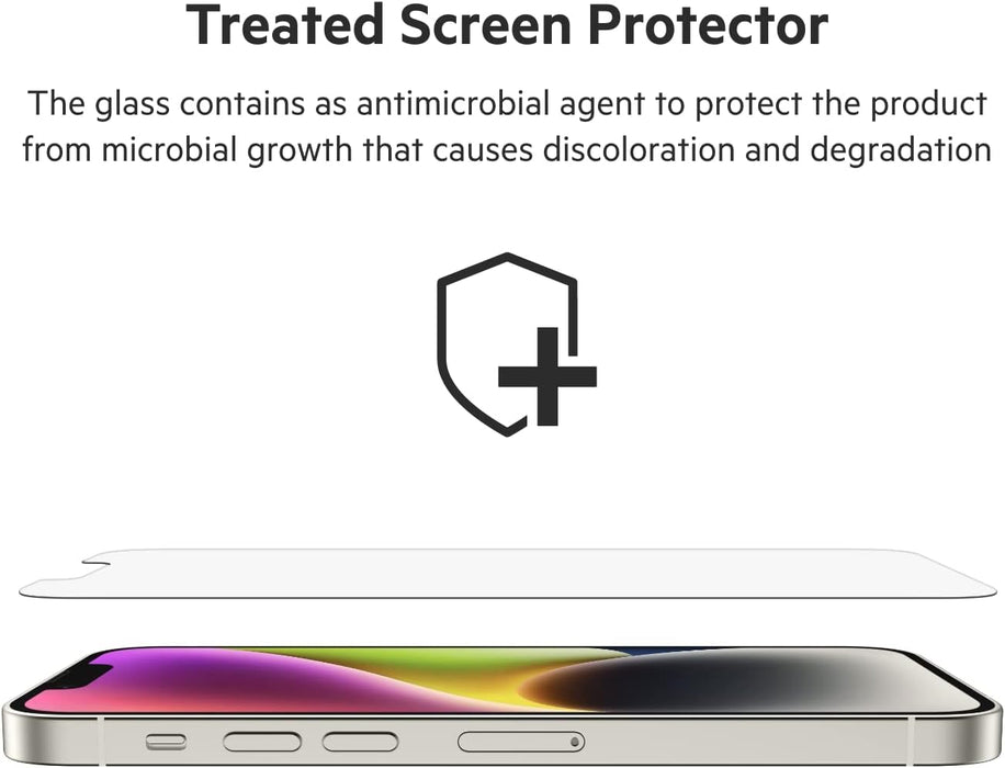 Belkin UltraGlass iPhone 14, iPhone 13 and 13 Pro Screen Protector, AntiMicrobial-Treated, Easy Bubble Free Application with Included Installation Guide Tray, 9H Hardness Tested, Tempered Glass