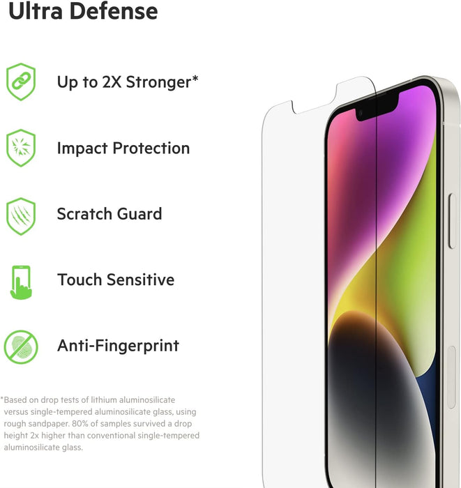Belkin UltraGlass iPhone 14, iPhone 13 and 13 Pro Screen Protector, AntiMicrobial-Treated, Easy Bubble Free Application with Included Installation Guide Tray, 9H Hardness Tested, Tempered Glass