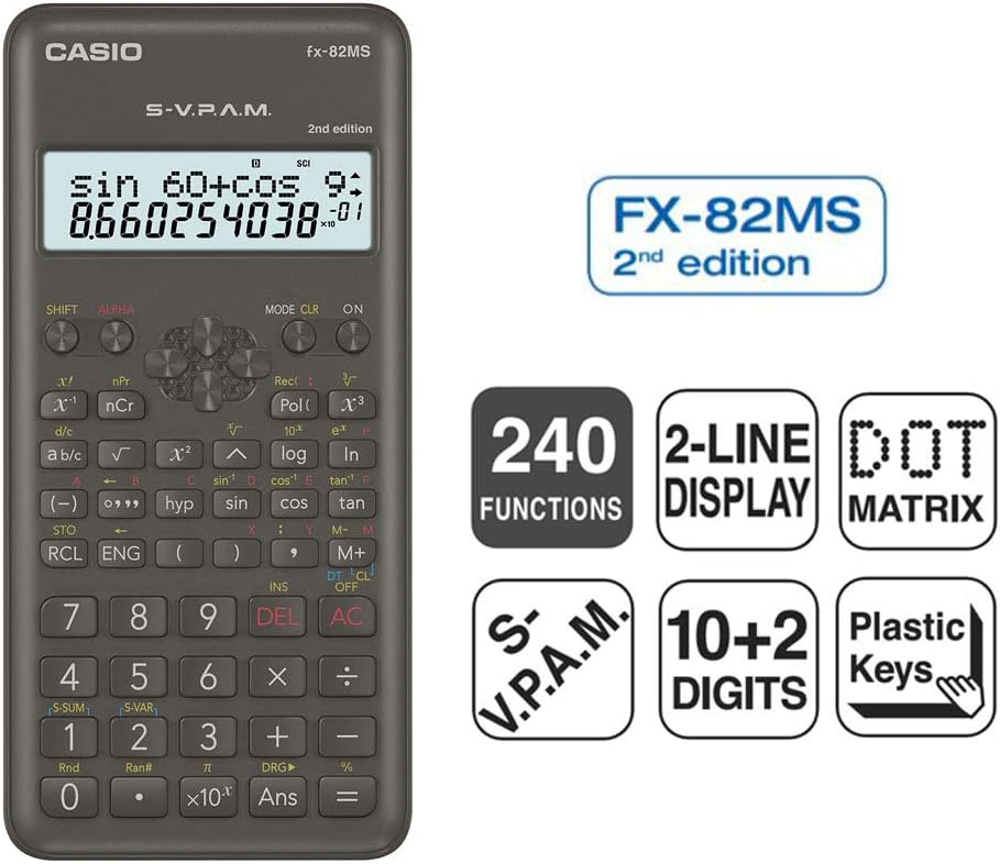 Casio FX-82MS-2 Scientific Calculator, Battery Operated, Grey
