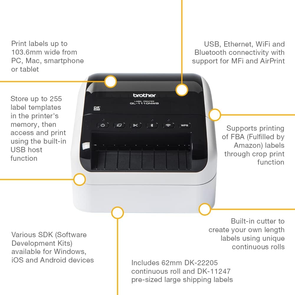 Brother QL-1110NWBc Label Printer | Shipping Labeller | Wireless/USB 2.0 | Desktop | Wide Format 4 Inch Labels | UK Plug