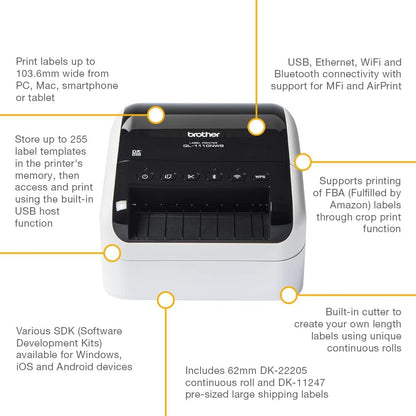 Brother QL-1110NWBc Label Printer | Shipping Labeller | Wireless/USB 2.0 | Desktop | Wide Format 4 Inch Labels | UK Plug