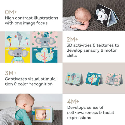 Taf Toys Koala Infant Tummy Time Soft Double Sided Activity Book. Fabric Cloth Black & White Baby Book with Baby Safe Mirror Toy & Teether. Sensory Crinkling Book. For Newborn Boys & Girls 0 months +