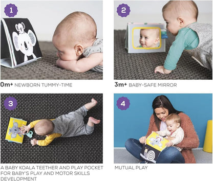 Taf Toys Koala Infant Tummy Time Soft Double Sided Activity Book. Fabric Cloth Black & White Baby Book with Baby Safe Mirror Toy & Teether. Sensory Crinkling Book. For Newborn Boys & Girls 0 months +