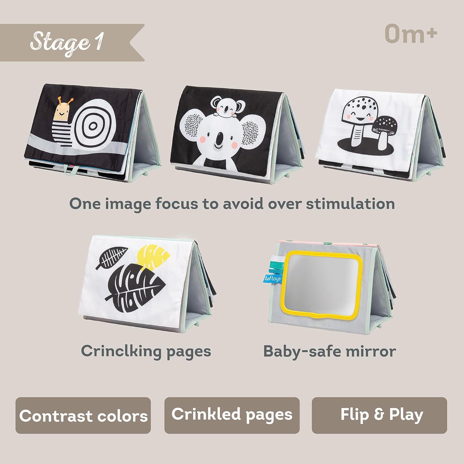 Taf Toys Koala Infant Tummy Time Soft Double Sided Activity Book. Fabric Cloth Black & White Baby Book with Baby Safe Mirror Toy & Teether. Sensory Crinkling Book. For Newborn Boys & Girls 0 months +