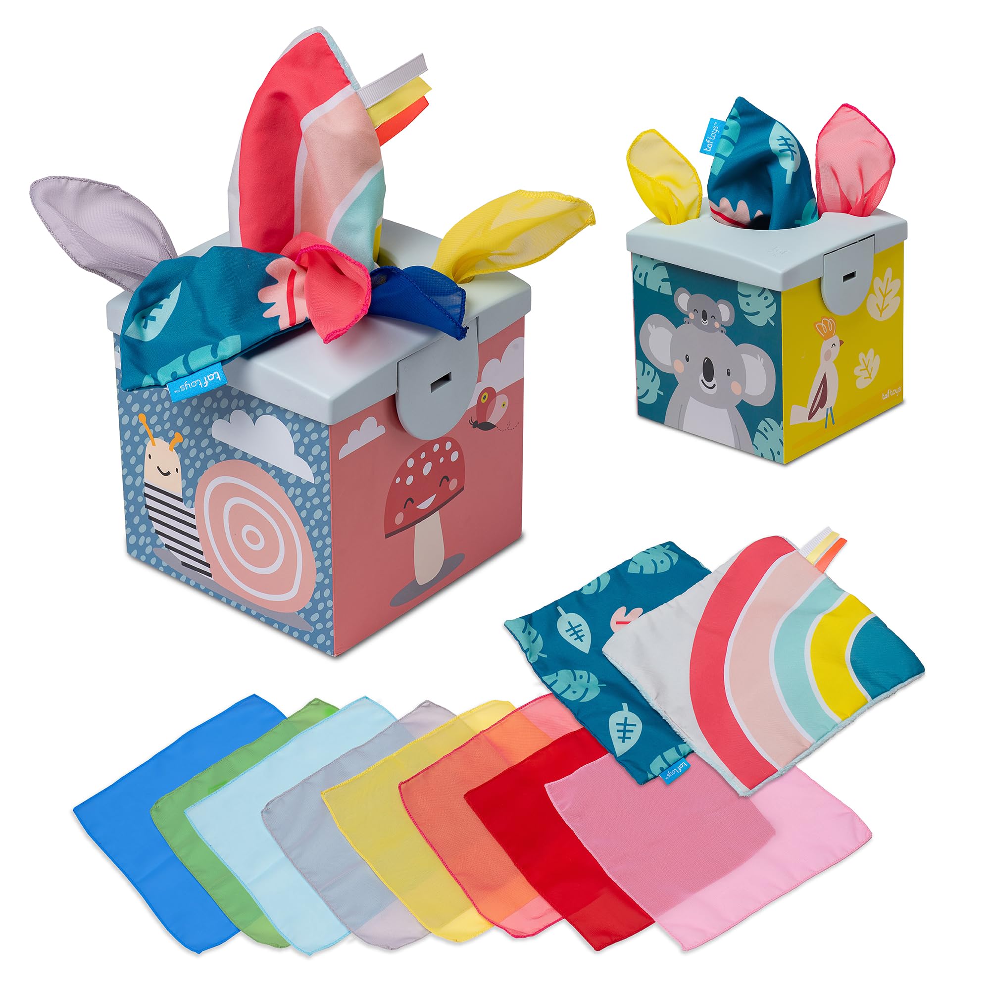 Taf Toys Wonder Baby Tissue Box Toy for Infants & Toddlers. Baby Sensory Box. Tummy Time Toy Colourful Pull Scarves & Crinkling Blankies. Educational Learning Toy. Suitable for Boys & Girls 9 months +