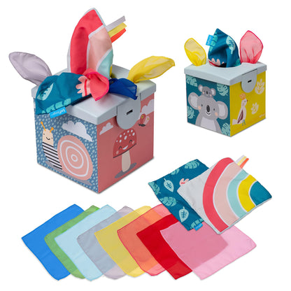 Taf Toys Wonder Baby Tissue Box Toy for Infants & Toddlers. Baby Sensory Box. Tummy Time Toy Colourful Pull Scarves & Crinkling Blankies. Educational Learning Toy. Suitable for Boys & Girls 9 months +