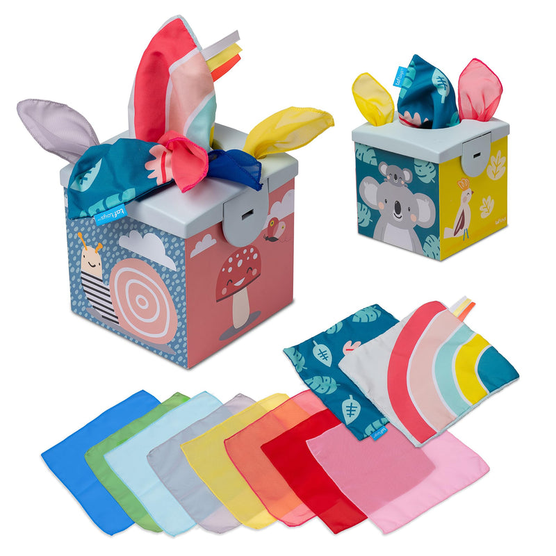 Taf Toys Wonder Baby Tissue Box Toy for Infants & Toddlers. Baby Sensory Box. Tummy Time Toy Colourful Pull Scarves & Crinkling Blankies. Educational Learning Toy. Suitable for Boys & Girls 9 months +