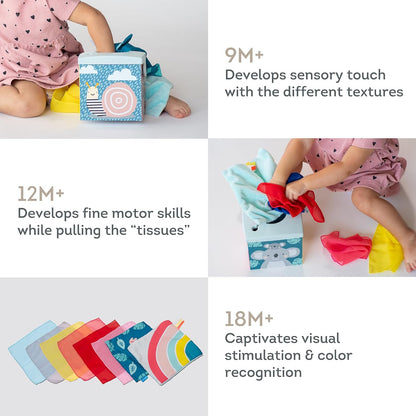 Taf Toys Wonder Baby Tissue Box Toy for Infants & Toddlers. Baby Sensory Box. Tummy Time Toy Colourful Pull Scarves & Crinkling Blankies. Educational Learning Toy. Suitable for Boys & Girls 9 months +