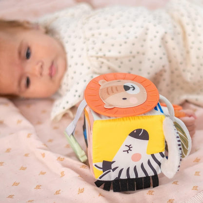 Taf Toys Savannah Discovery Cube Sensory Baby Toy. Includes Teether, Baby Safe Mirror, Padded Handle, Chime Bell. Attach to Cot or Pram. 0 month + Various