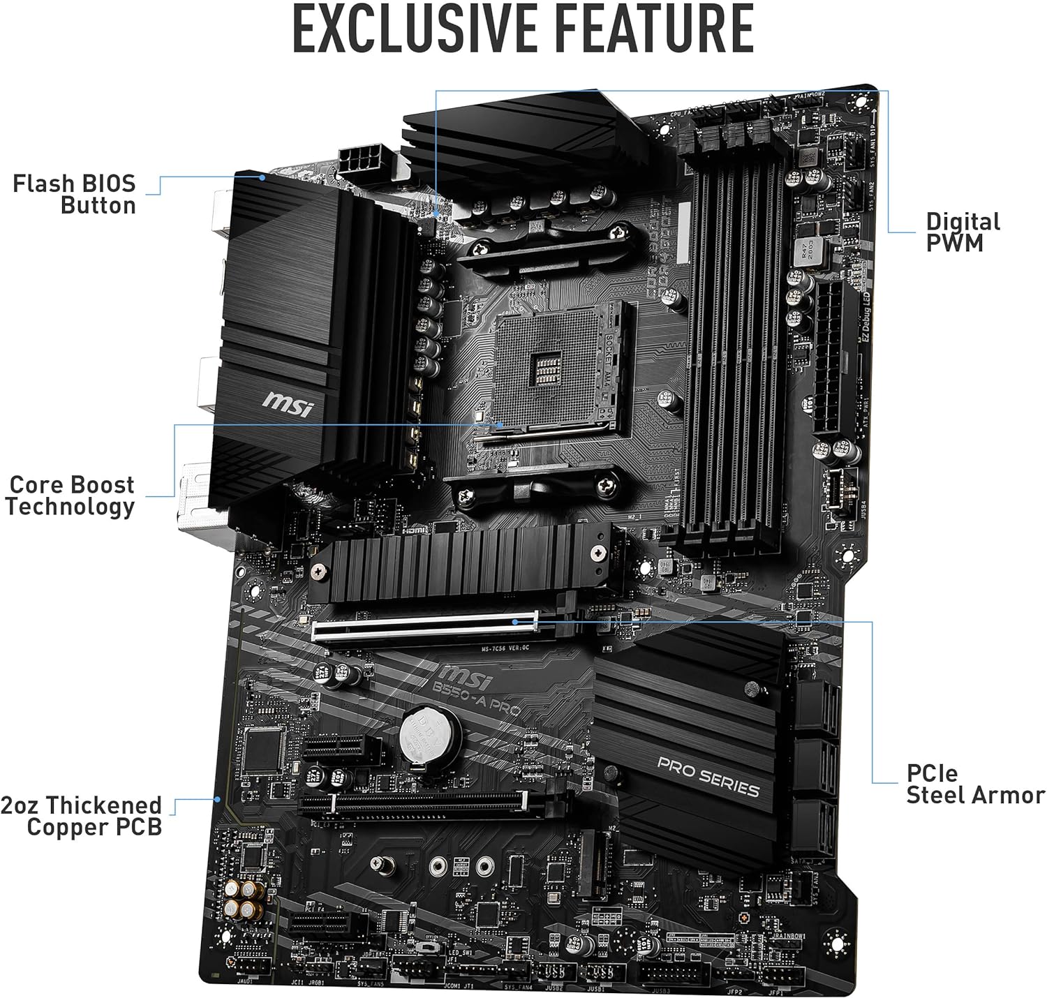 MSI B550-A PRO Motherboard ATX - Supports AMD Ryzen 3rd Gen Processors, AM4, DDR4 Boost (4400MHz/OC), 1 x PCIe 4.0/3.0 x16, 1 x PCIe 3.0/3.0 x16, 1 x M.2 Gen4 x4, 1 x M.2 Gen3 x4, HDMI, Gigabit LAN