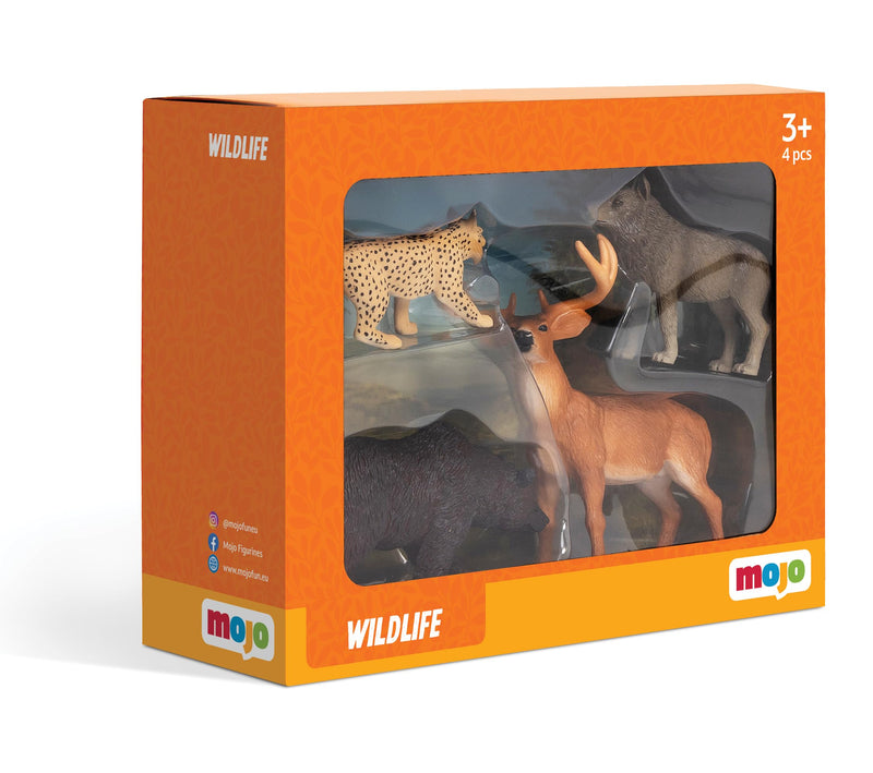 MOJO – Woodland Wonderland Starter Set with Iberian Lynx, Grizzly Bear, White Tailed Deer Buck and Standing Wolf | Hand-Painted Toy Figure | Woodland Collection