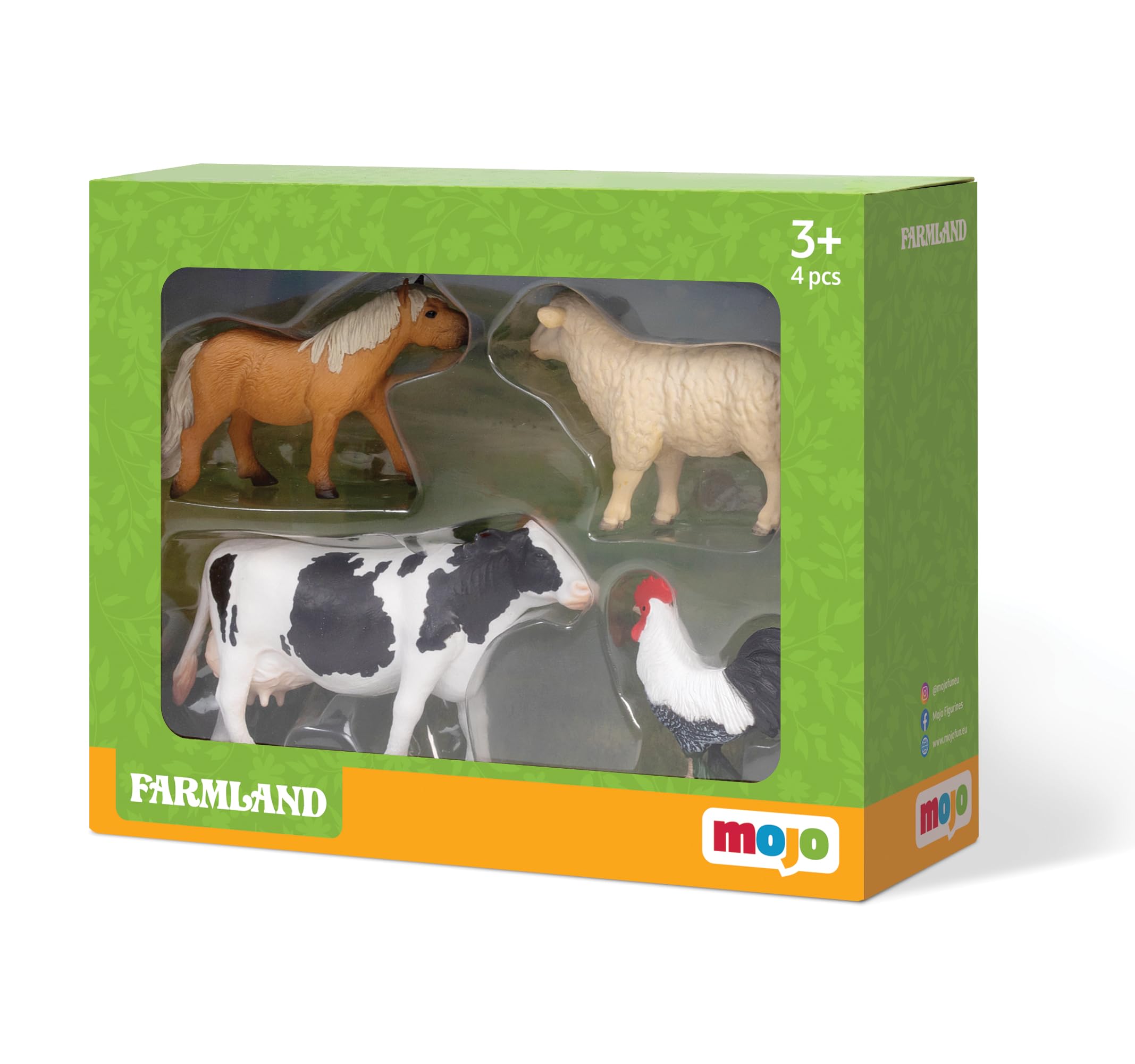 MOJO – Farmland Fun Starter Set with Shetland Pony, Holstein Cow, Romney Sheep Ewe and Cockerel | Hand-Painted Toy Figure | Farmland Collection