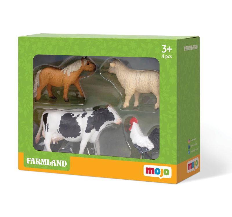 MOJO – Farmland Fun Starter Set with Shetland Pony, Holstein Cow, Romney Sheep Ewe and Cockerel | Hand-Painted Toy Figure | Farmland Collection