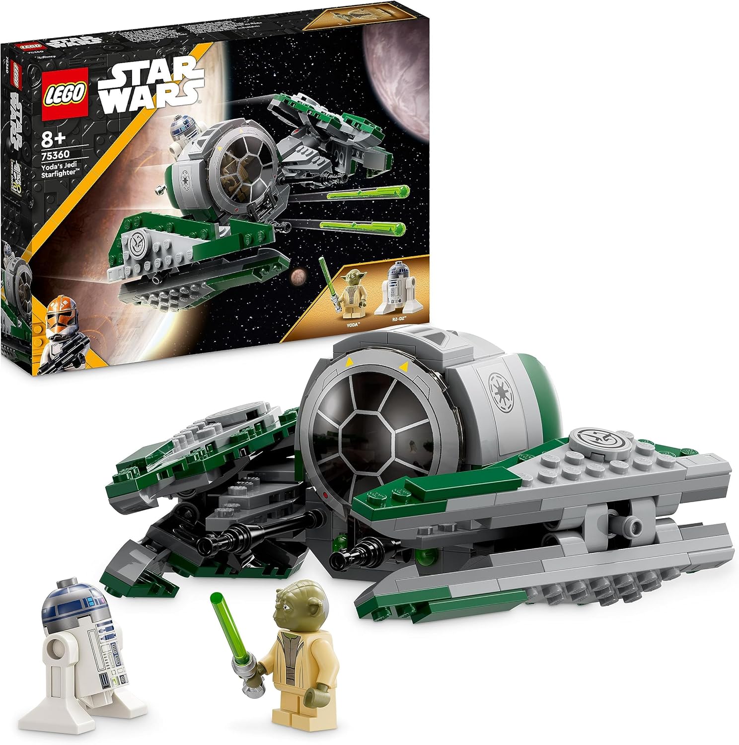LEGO Star Wars Yoda's Jedi Starfighter Building Toy for Kids, Boys & Girls, The Clone Wars Vehicle Set with Master Yoda Minifigure, Lightsaber and Droid R2-D2 Figure 75360 Single