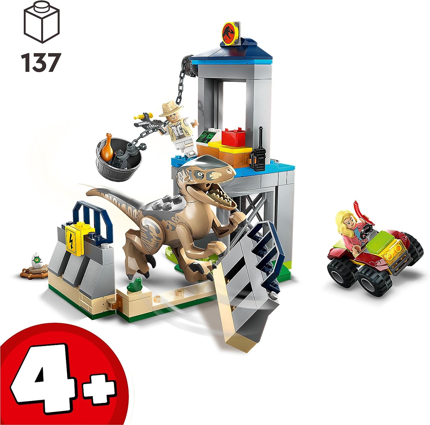 LEGO 76957 Jurassic Park Velociraptor Escape Dinosaur Toy for Boys, Girls, Kids Aged 4 and Up, Set with Dino Figure, Off-Road Car and 2 Minifigures