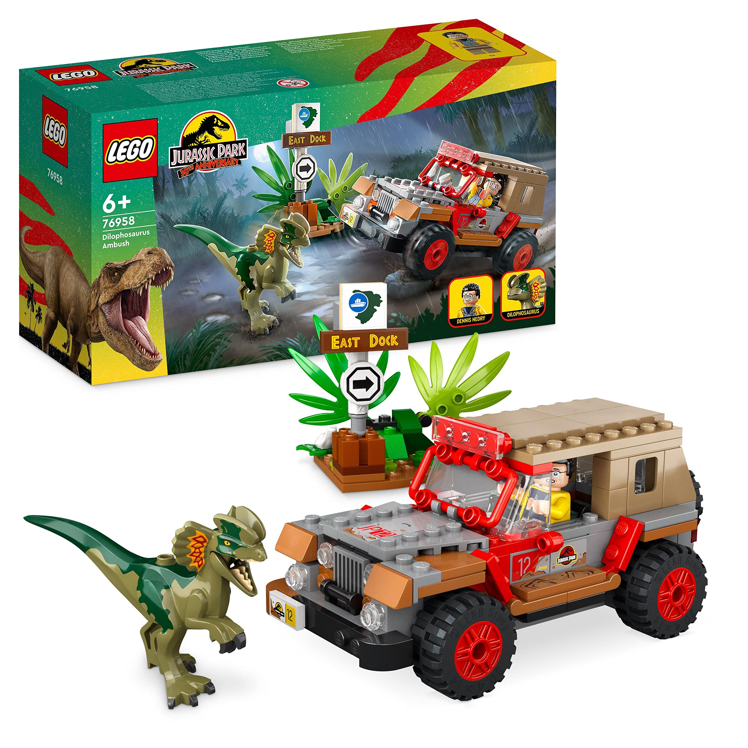 LEGO Jurassic Park Dilophosaurus Ambush Dinosaur Toy for Boys, Girls, Kids 6 Plus Years Old, with Dino Figure and Jeep Car Toy, 30th Anniversary Collection Set 76958 Single