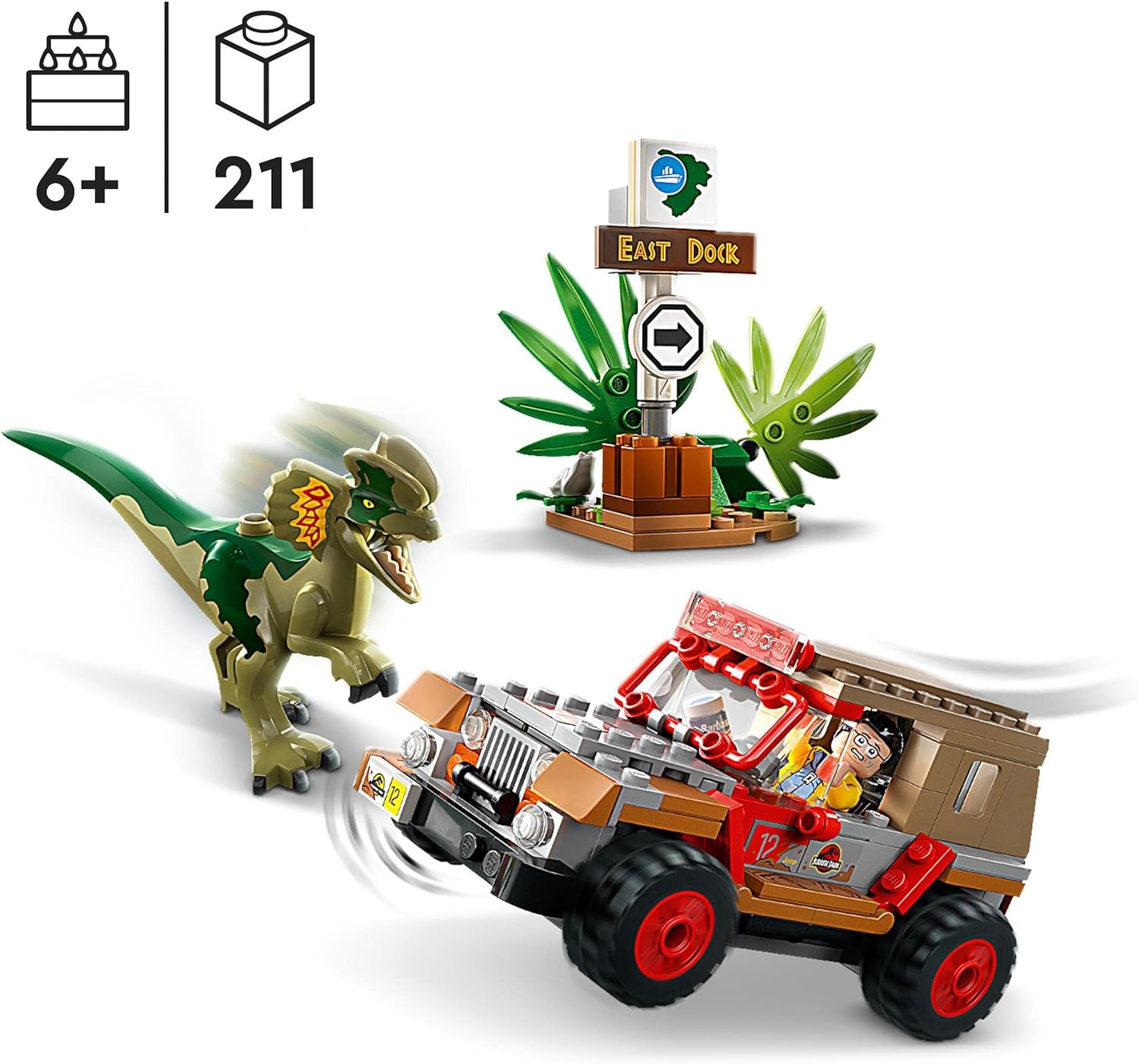 LEGO Jurassic Park Dilophosaurus Ambush Dinosaur Toy for Boys, Girls, Kids 6 Plus Years Old, with Dino Figure and Jeep Car Toy, 30th Anniversary Collection Set 76958 Single