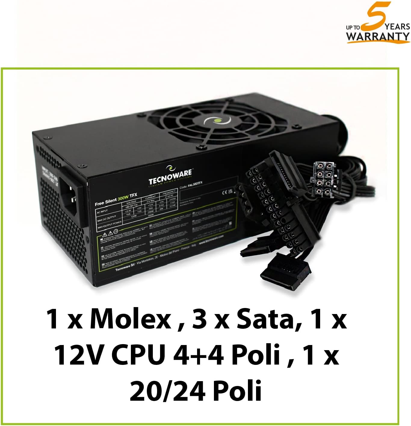 Tecnoware 300W ATX Power Supply for PC - Quiet 8cm Fan - Connectors 3 for SATA, 1 for 24 Pole, 1 for 12V 4 Plus 4 Pole, 1 for Molex