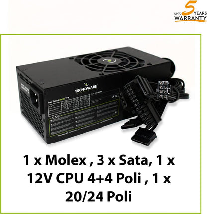 Tecnoware 300W ATX Power Supply for PC - Quiet 8cm Fan - Connectors 3 for SATA, 1 for 24 Pole, 1 for 12V 4 Plus 4 Pole, 1 for Molex