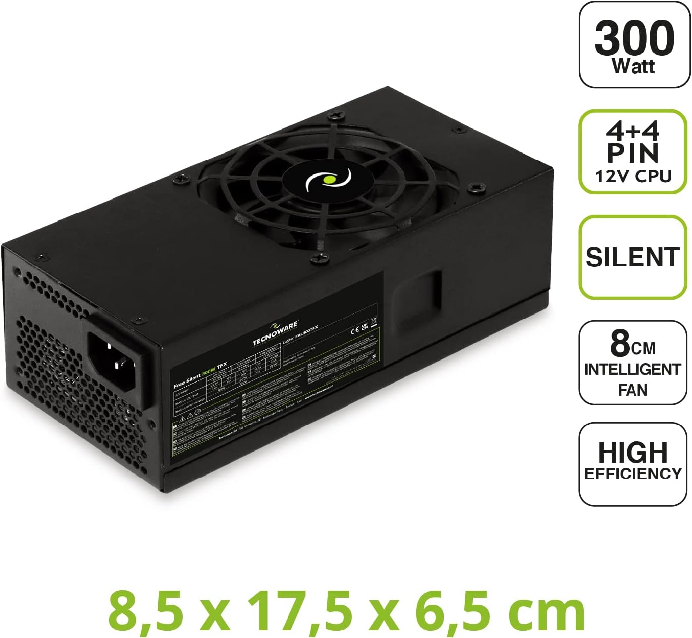Tecnoware 300W ATX Power Supply for PC - Quiet 8cm Fan - Connectors 3 for SATA, 1 for 24 Pole, 1 for 12V 4 Plus 4 Pole, 1 for Molex