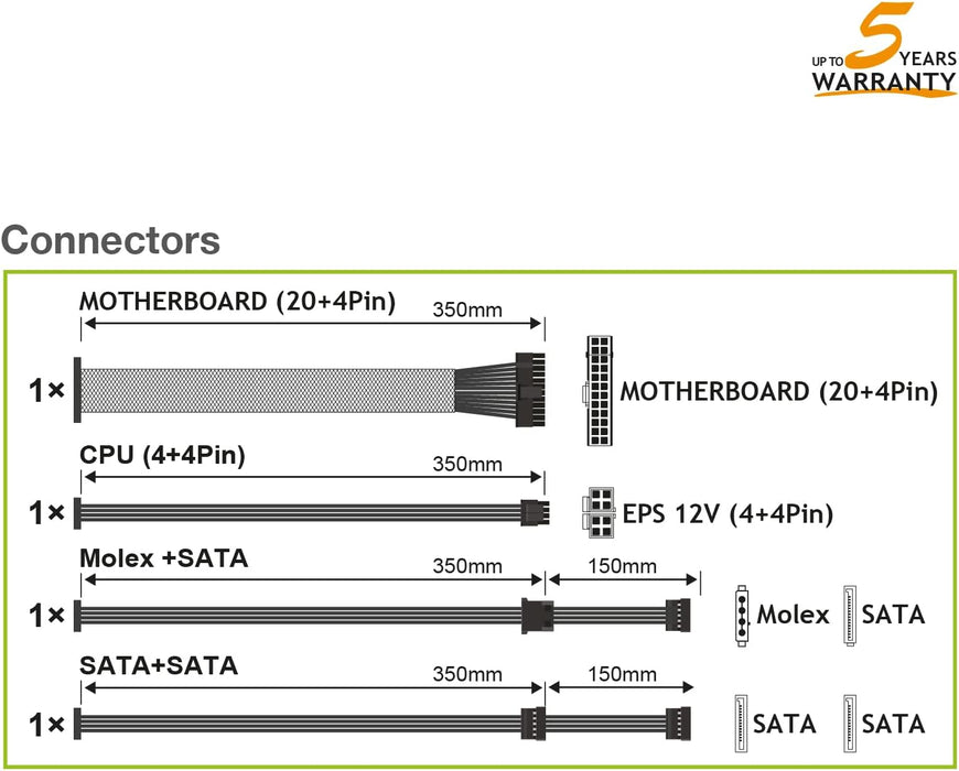 Tecnoware 300W ATX Power Supply for PC - Quiet 8cm Fan - Connectors 3 for SATA, 1 for 24 Pole, 1 for 12V 4 Plus 4 Pole, 1 for Molex