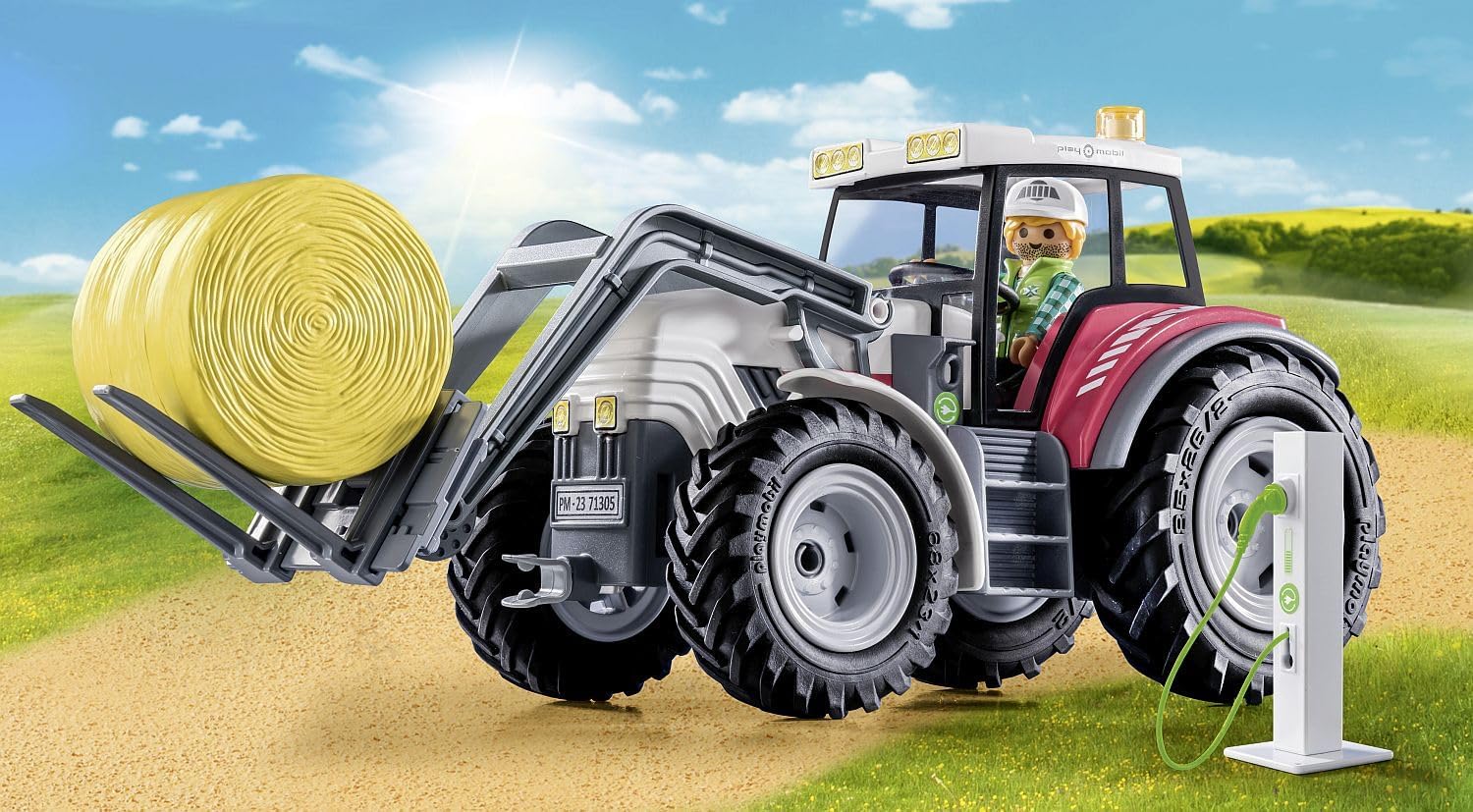 PLAYMOBIL Country 71305 Tractor Grande con Accesorios, Tractor eléctrico con Techo abatible y estación de Carga E, Juguetes para niños a Partir de 4 años