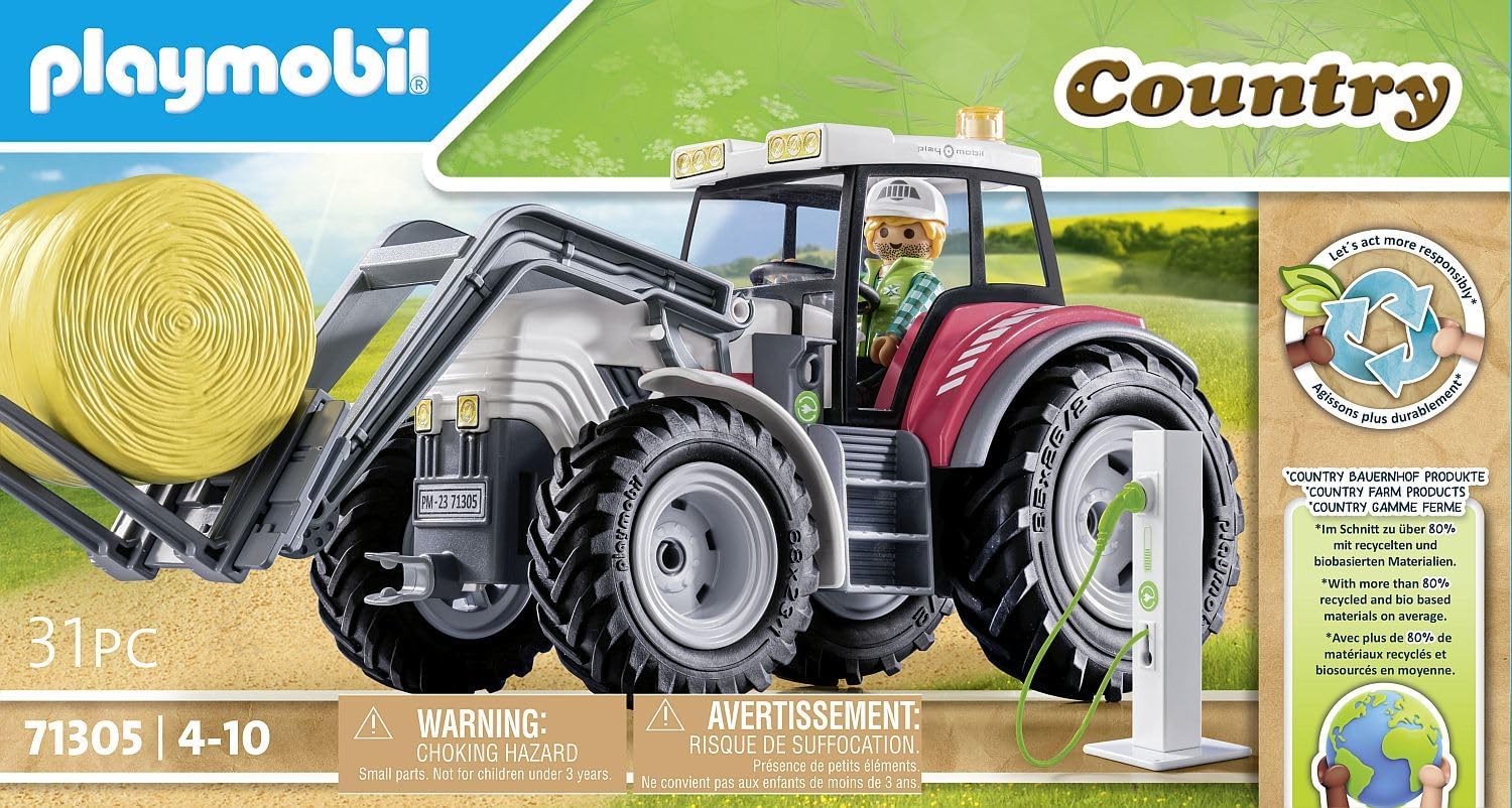 PLAYMOBIL Country 71305 Tractor Grande con Accesorios, Tractor eléctrico con Techo abatible y estación de Carga E, Juguetes para niños a Partir de 4 años