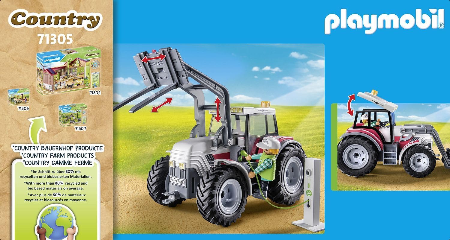 PLAYMOBIL Country 71305 Tractor Grande con Accesorios, Tractor eléctrico con Techo abatible y estación de Carga E, Juguetes para niños a Partir de 4 años
