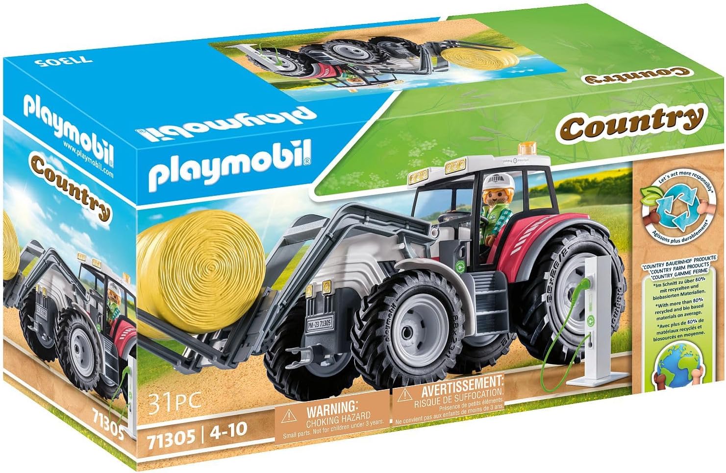 PLAYMOBIL Country 71305 Tractor Grande con Accesorios, Tractor eléctrico con Techo abatible y estación de Carga E, Juguetes para niños a Partir de 4 años