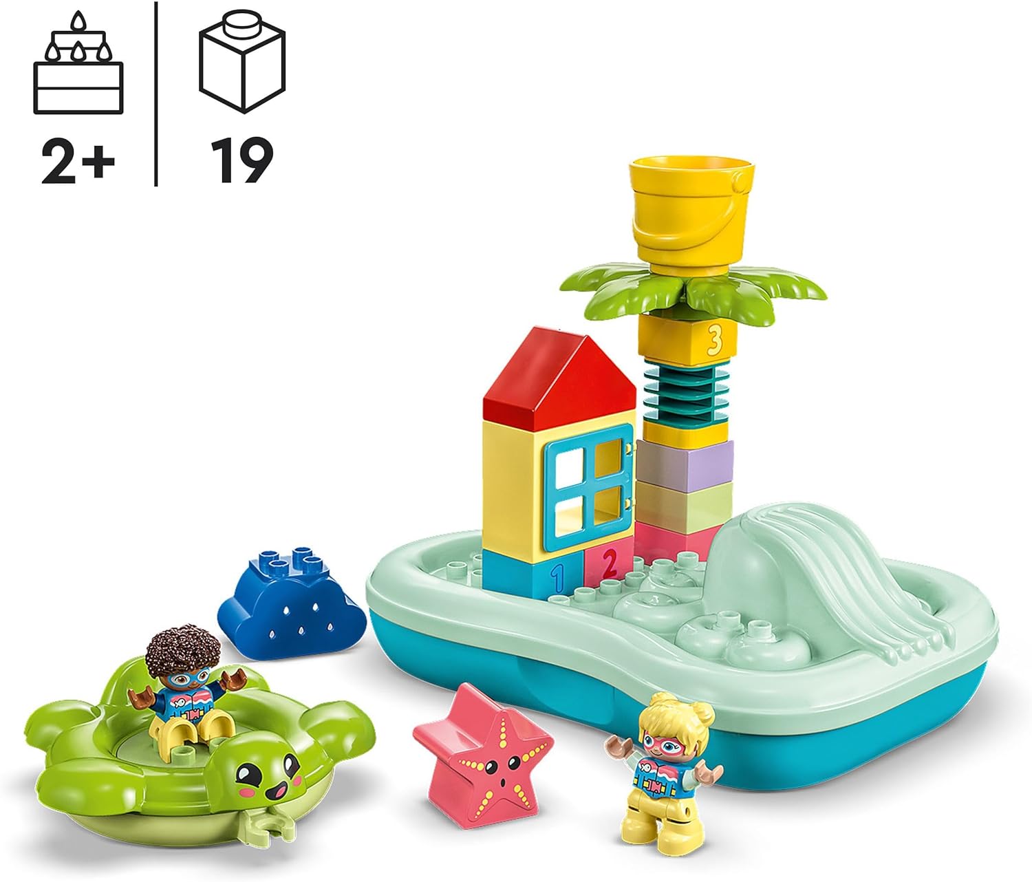 LEGO DUPLO Water Park Bath Toy for Toddlers Aged 2+ Years Old, with Floating Island, Turtle and Star Fish Sea Animal Figures, Easy to Clean Bathtub Water Toys 10989