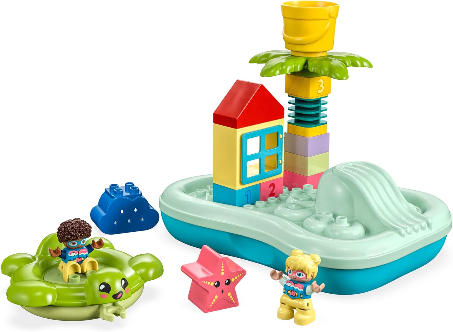 LEGO DUPLO Water Park Bath Toy for Toddlers Aged 2+ Years Old, with Floating Island, Turtle and Star Fish Sea Animal Figures, Easy to Clean Bathtub Water Toys 10989