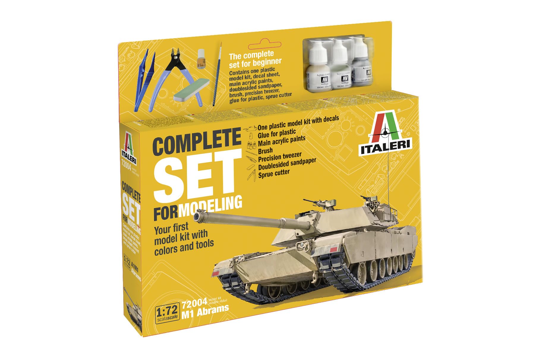 Italeri 72004 1:72 M-1 Abrams - Set completo de construcción de maquetas, kit de construcción, construcción de modelos de pie, manualidades, aficiones, pegar, kit de plástico, incluye accesorios
