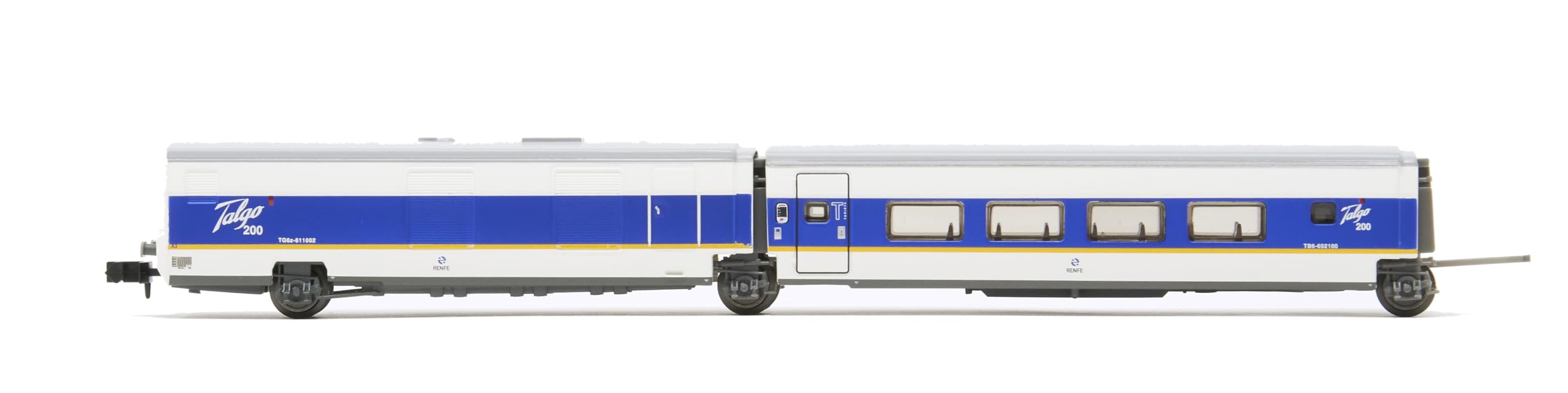 RENFE Talgo 200 Zugset, 6-teilig, weiß und blau lackiert mit gelbem Streifen, Epoche V