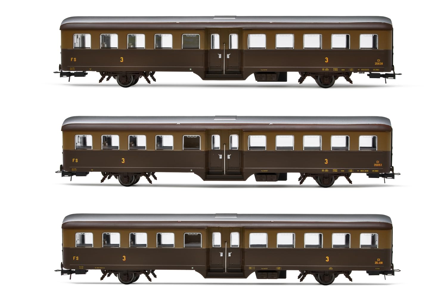 FS Passagierwagen „Corbellini“ 1947, 3 Stück, 2 Achsen, 3. Klasse, Lackierung Castano/Isabella, für historische Züge, Epoche V–VI