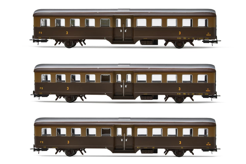 FS Passagierwagen „Corbellini“ 1947, 3 Stück, 2 Achsen, 3. Klasse, Lackierung Castano/Isabella, für historische Züge, Epoche V–VI