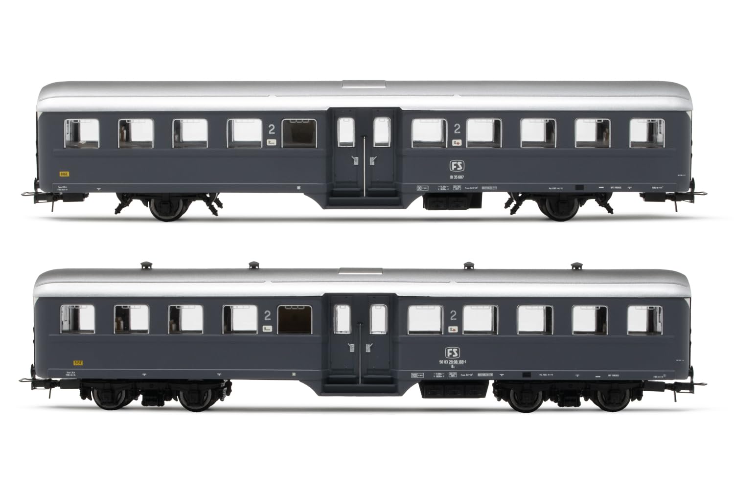 FS Passagierwagen „Corbellini“ 1947, 2 Stück, Version mit 2 Achsen und 4 Achsen, grau lackiert, Epoche IV