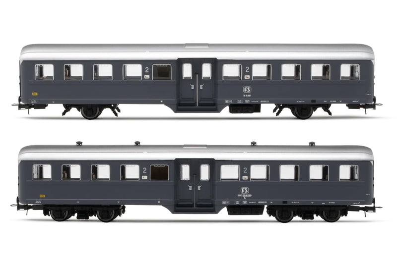 FS Passagierwagen „Corbellini“ 1947, 2 Stück, Version mit 2 Achsen und 4 Achsen, grau lackiert, Epoche IV